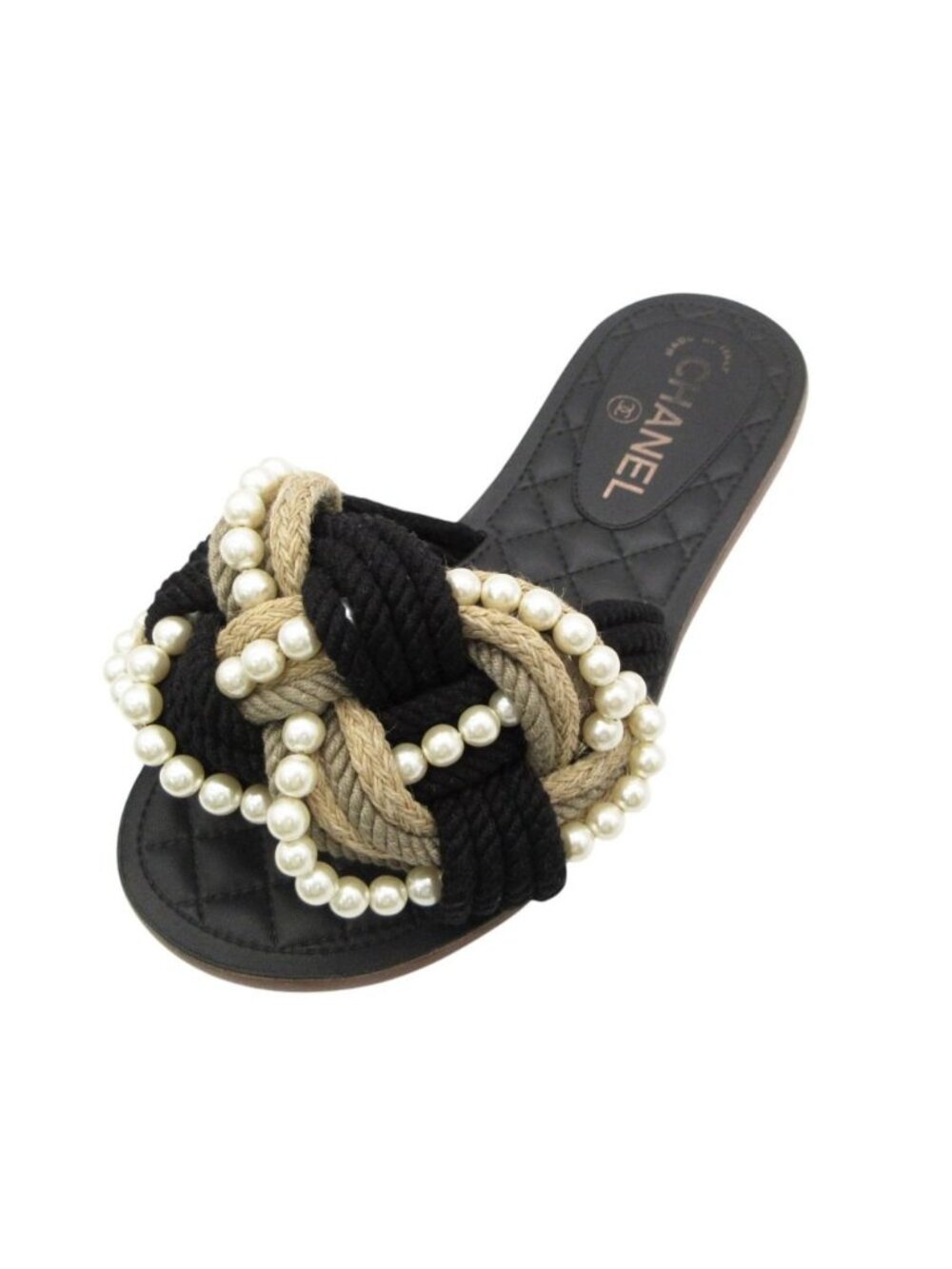 Chanel Sandals Pearl Flat Quilted CC Logo Black